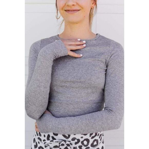 Celestial Bodiez NWT Cropped Long Sleeve Rise to Power Top in 'Smoke Gray' Large - Picture 1 of 8